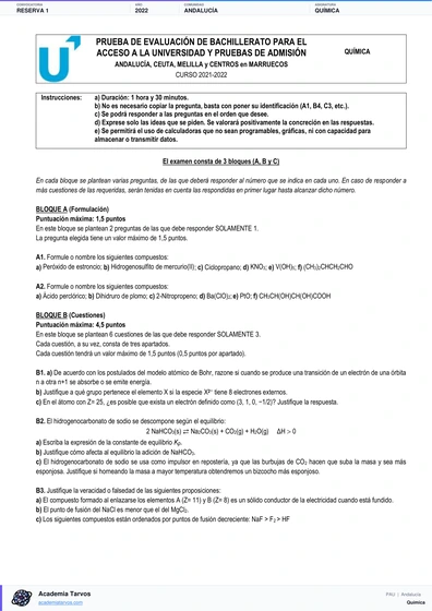 Vista previa de Examen PAU de Química de Andalucía 2022 – Reserva 1