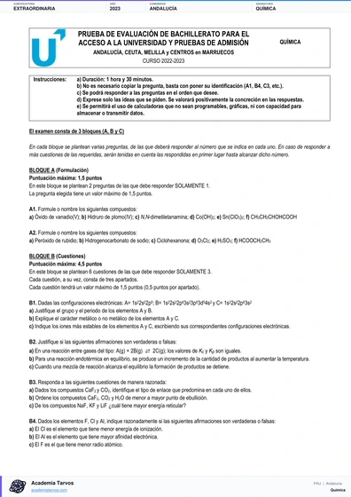 Vista previa de Examen PAU de Química de Andalucía 2023 – Extraordinaria