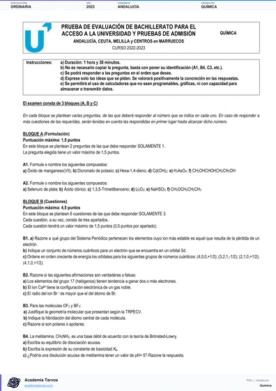 Vista previa de Examen PAU de Química de Andalucía 2023 – Ordinaria