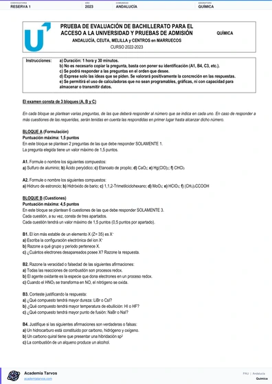 Vista previa de Examen PAU de Química de Andalucía 2023 – Reserva 1