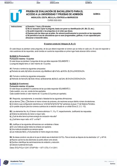 Vista previa de Examen PAU de Química de Andalucía 2023 – Reserva 2