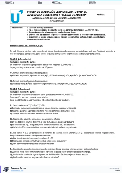 Vista previa de Examen PAU de Química de Andalucía 2023 – Reserva 3