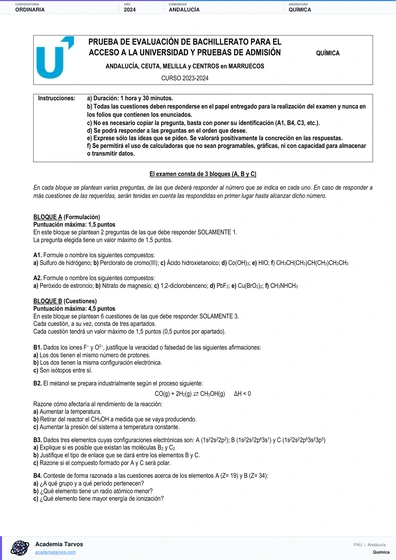 Vista previa de Examen PAU de Química de Andalucía 2024 – Ordinaria