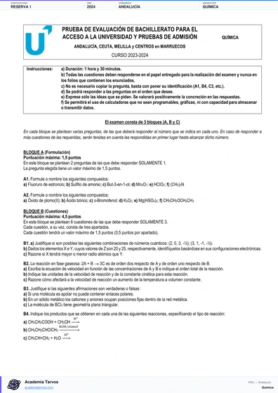 Vista previa de Examen PAU de Química de Andalucía 2024 – Reserva 1