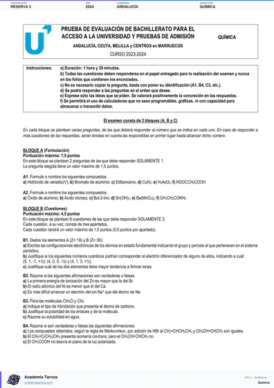 Vista previa de Examen PAU de Química de Andalucía 2024 – Reserva 3
