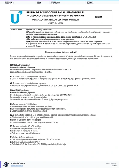Vista previa de Examen PAU de Química de Andalucía 2024 – Reserva 4
