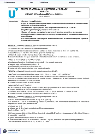 Vista previa de Examen PAU de Química de Andalucía 2025 – Extraordinaria