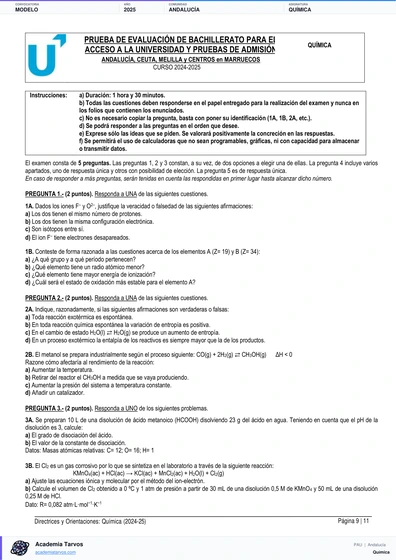 Vista previa de Modelo PAU de Química de Andalucía 2025