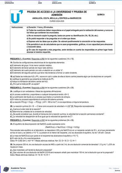Vista previa de Examen PAU de Química de Andalucía 2025 – Ordinaria