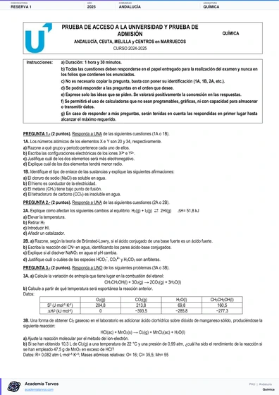 Vista previa de Examen PAU de Química de Andalucía 2025 – Reserva 1