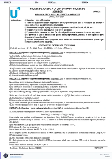 Vista previa de Modelo PAU de Química de Andalucía 2026