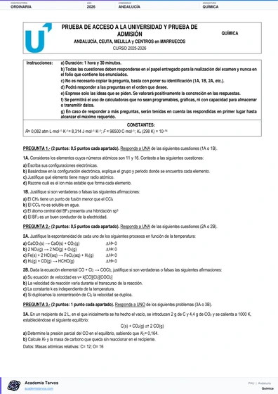Vista previa de Examen PAU de Química de Andalucía 2026 – Ordinaria
