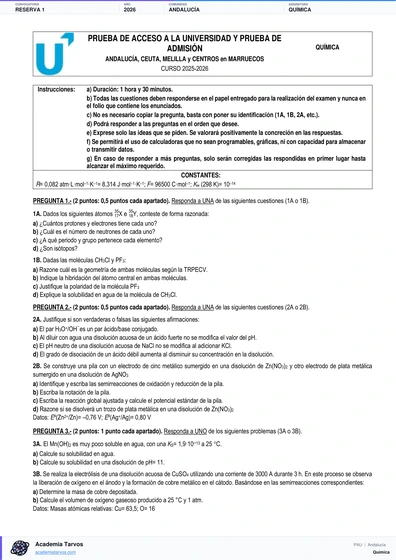 Vista previa de Examen PAU de Química de Andalucía 2026 – Reserva 1