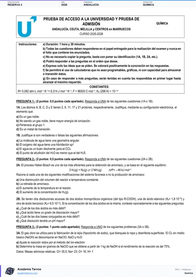 Vista previa de Examen PAU de Química de Andalucía 2026 – Reserva 2
