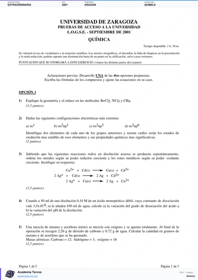 Vista previa de Examen PAU de Química de Aragón 2001 – Extraordinaria