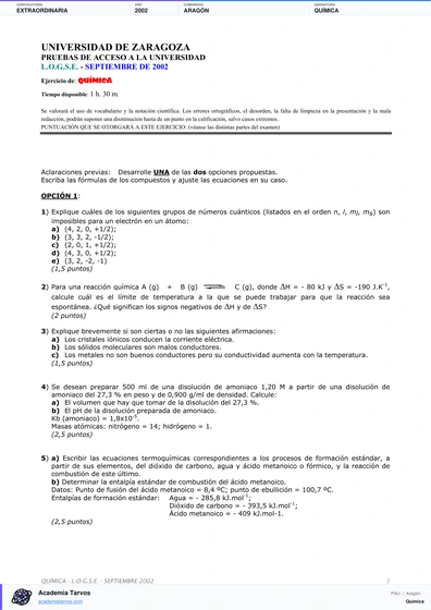 Vista previa de Examen PAU de Química de Aragón 2002 – Extraordinaria