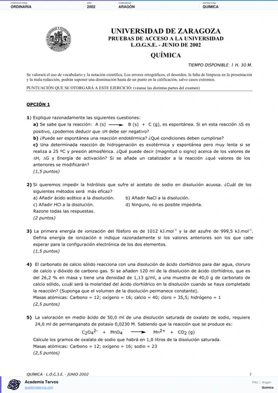 Vista previa de Examen PAU de Química de Aragón 2002 – Ordinaria