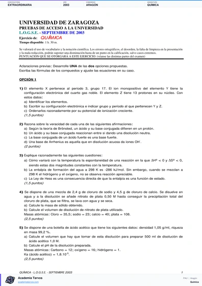 Vista previa de Examen PAU de Química de Aragón 2003 – Extraordinaria