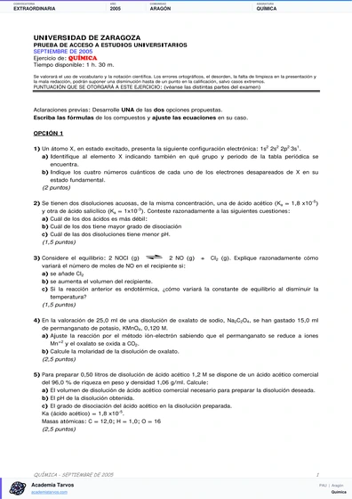 Vista previa de Examen PAU de Química de Aragón 2005 – Extraordinaria