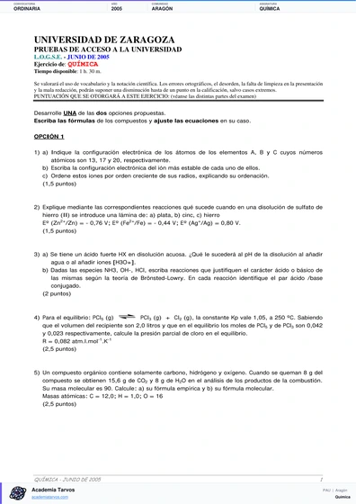 Vista previa de Examen PAU de Química de Aragón 2005 – Ordinaria