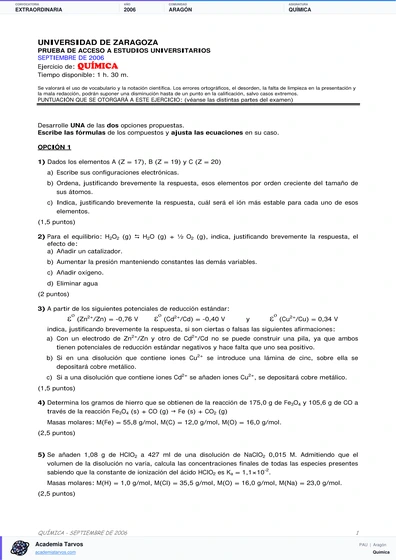 Vista previa de Examen PAU de Química de Aragón 2006 – Extraordinaria