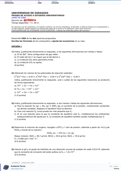 Vista previa de Examen PAU de Química de Aragón 2006 – Ordinaria