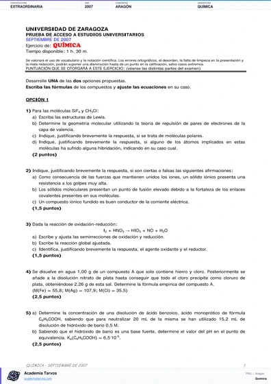 Vista previa de Examen PAU de Química de Aragón 2007 – Extraordinaria