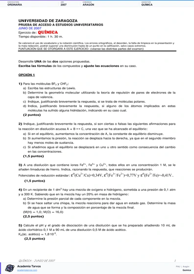Vista previa de Examen PAU de Química de Aragón 2007 – Ordinaria