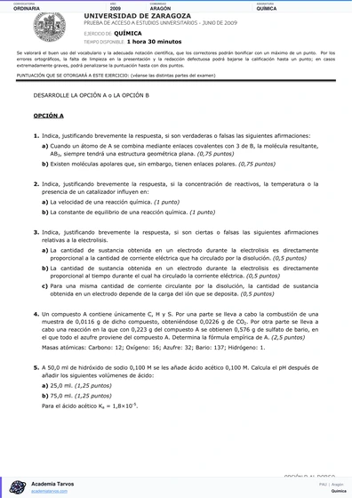 Vista previa de Examen PAU de Química de Aragón 2009 – Ordinaria
