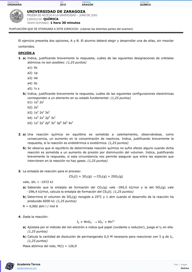 Vista previa de Examen PAU de Química de Aragón 2010 – Ordinaria