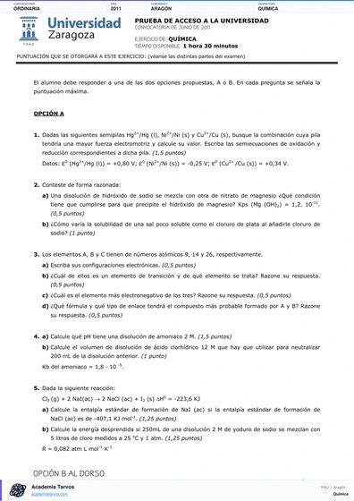 Vista previa de Examen PAU de Química de Aragón 2011 – Ordinaria