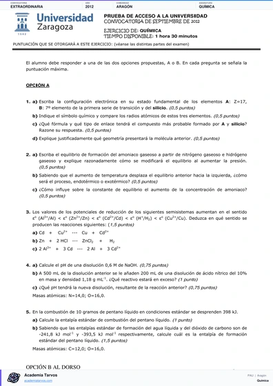 Vista previa de Examen PAU de Química de Aragón 2012 – Extraordinaria