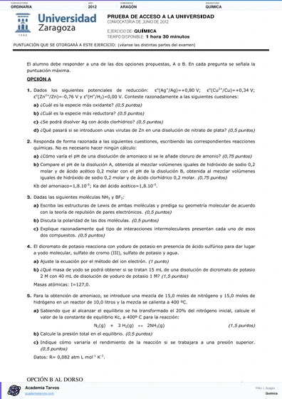 Vista previa de Examen PAU de Química de Aragón 2012 – Ordinaria