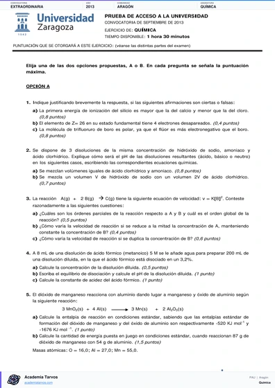 Vista previa de Examen PAU de Química de Aragón 2013 – Extraordinaria