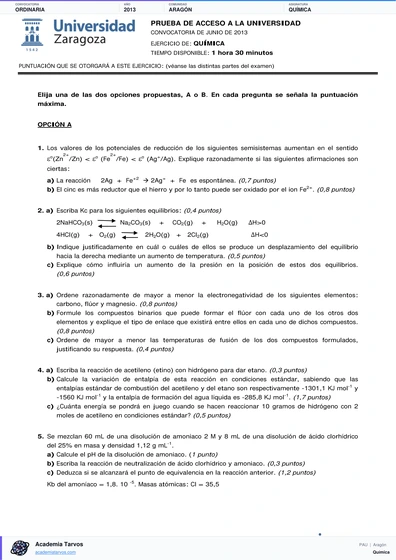 Vista previa de Examen PAU de Química de Aragón 2013 – Ordinaria