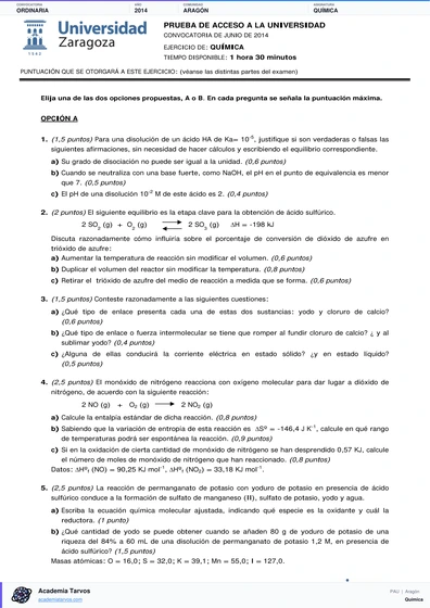Vista previa de Examen PAU de Química de Aragón 2014 – Ordinaria