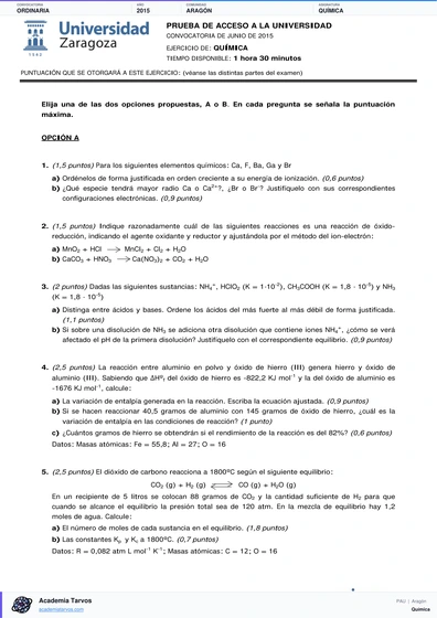 Vista previa de Examen PAU de Química de Aragón 2015 – Ordinaria
