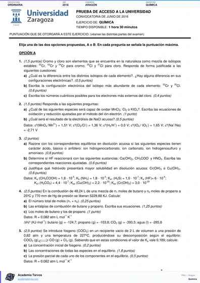 Vista previa de Examen PAU de Química de Aragón 2016 – Ordinaria