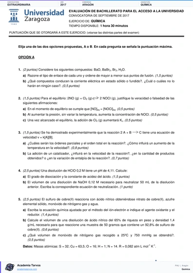 Vista previa de Examen PAU de Química de Aragón 2017 – Extraordinaria