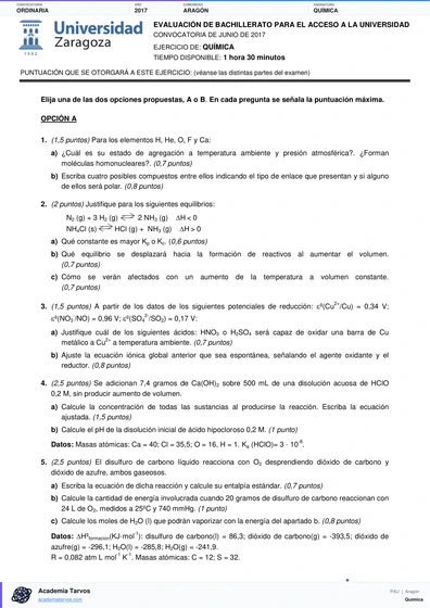Vista previa de Examen PAU de Química de Aragón 2017 – Ordinaria