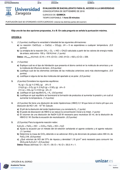 Vista previa de Examen PAU de Química de Aragón 2018 – Extraordinaria