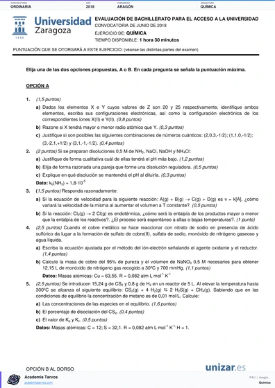 Vista previa de Examen PAU de Química de Aragón 2018 – Ordinaria