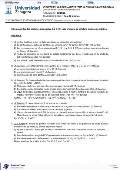 Vista previa de Examen PAU de Química de Aragón 2019 – Extraordinaria