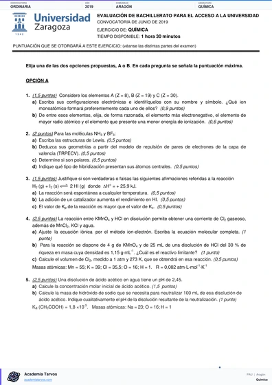 Vista previa de Examen PAU de Química de Aragón 2019 – Ordinaria