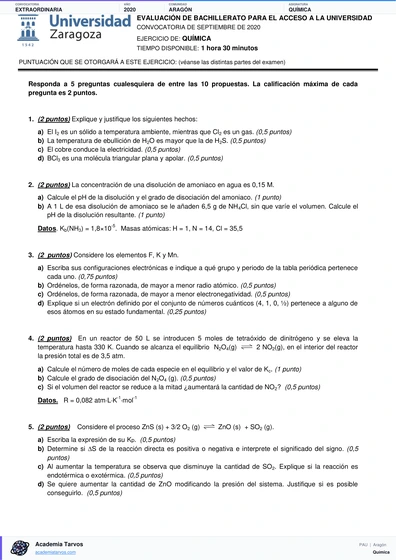 Vista previa de Examen PAU de Química de Aragón 2020 – Extraordinaria
