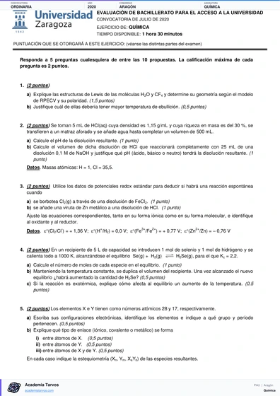 Vista previa de Examen PAU de Química de Aragón 2020 – Ordinaria
