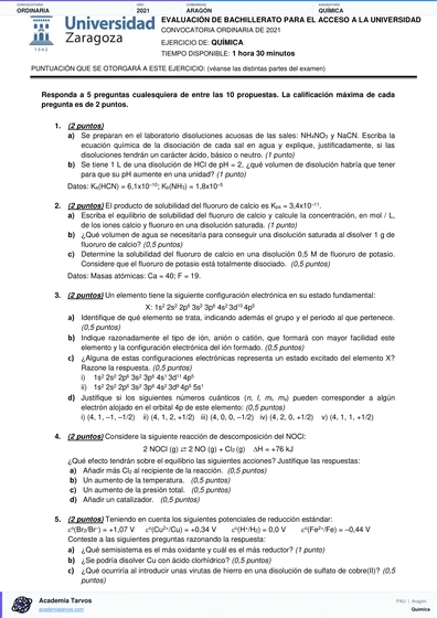 Vista previa de Examen PAU de Química de Aragón 2021 – Ordinaria
