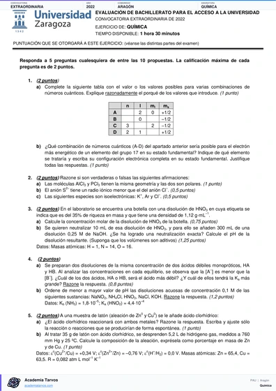 Vista previa de Examen PAU de Química de Aragón 2022 – Extraordinaria