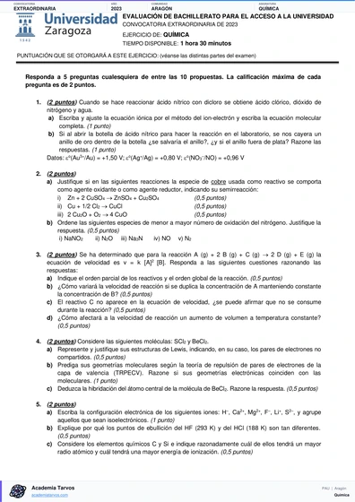 Vista previa de Examen PAU de Química de Aragón 2023 – Extraordinaria