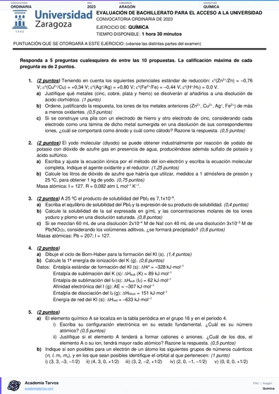 Vista previa de Examen PAU de Química de Aragón 2023 – Ordinaria